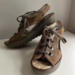 Fly London Ylva Tan Wedge Lace-up Sandals Size 38 EUR 7-7.5 US